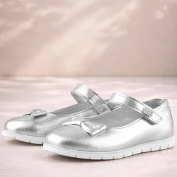 Rakerplus Hakiki Deri Gümüş Taşlı Cırtlı Kız Çocuk Babet