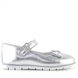 Rakerplus Hakiki Deri Gümüş Taşlı Cırtlı Kız Çocuk Babet