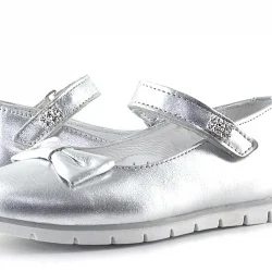 Rakerplus Hakiki Deri Gümüş Taşlı Cırtlı Kız Çocuk Babet