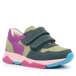 Rakerplus Hakiki Deri Haki Yeşil Fuşya Çocuk Cırtlı Sneakers Spor Ayakkabı