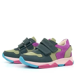 Rakerplus Hakiki Deri Haki Yeşil Fuşya Çocuk Cırtlı Sneakers Spor Ayakkabı