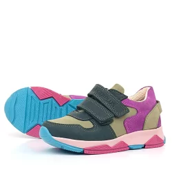 Rakerplus Hakiki Deri Haki Yeşil Fuşya Çocuk Cırtlı Sneakers Spor Ayakkabı