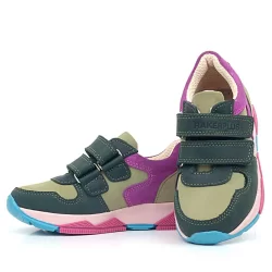 Rakerplus Hakiki Deri Haki Yeşil Fuşya Çocuk Cırtlı Sneakers Spor Ayakkabı