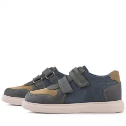 Rakerplus Hakiki Deri Haki Yeşil Lacivert Cırtlı Hafif Tabanlı Erkek Çocuk Spor Ayakkabı