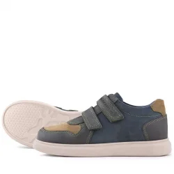 Rakerplus Hakiki Deri Haki Yeşil Lacivert Cırtlı Hafif Tabanlı Erkek Çocuk Spor Ayakkabı