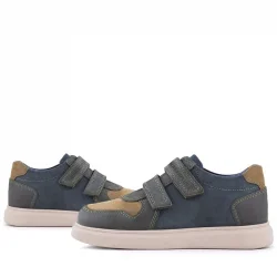 Rakerplus Hakiki Deri Haki Yeşil Lacivert Cırtlı Hafif Tabanlı Erkek Çocuk Spor Ayakkabı