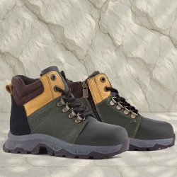 Rakerplus Hakiki Deri Haki Yeşil Sarı Fermuarlı Trekking Çocuk Bot