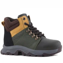 Rakerplus Hakiki Deri Haki Yeşil Sarı Fermuarlı Trekking Çocuk Bot