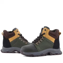 Rakerplus Hakiki Deri Haki Yeşil Sarı Fermuarlı Trekking Çocuk Bot