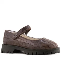 Rakerplus Hakiki Deri Kahverengi Desenli Cırtlı Kalın Tabanlı Kız Çocuk Ayakkabısı