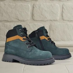 Rakerplus Hakiki Deri Koyu Yeşil Taba Bağcıklı Fermuarlı Kışlık Çocuk Bot