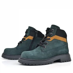 Rakerplus Hakiki Deri Koyu Yeşil Taba Bağcıklı Fermuarlı Kışlık Çocuk Bot