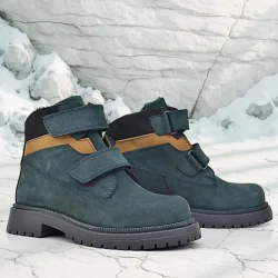 Rakerplus Hakiki Deri Koyu Yeşil Taba Cırt Cırtlı Kışlık Çocuk Bot