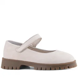 Rakerplus Hakiki Deri Krem Nubuk Cırtlı Kalın Tabanlı Kız Çocuk Okul Ayakkabısı