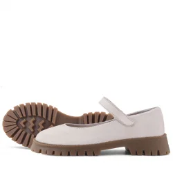 Rakerplus Hakiki Deri Krem Nubuk Cırtlı Kalın Tabanlı Kız Çocuk Okul Ayakkabısı