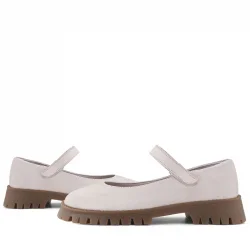 Rakerplus Hakiki Deri Krem Nubuk Cırtlı Kalın Tabanlı Kız Çocuk Okul Ayakkabısı