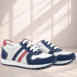 Rakerplus Hakiki Deri Lacivert Beyaz Fermuarlı Çocuk Spor Ayakkabı