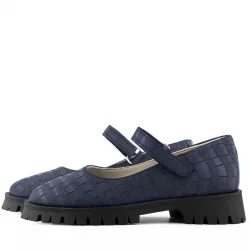 Rakerplus Hakiki Deri Lacivert Desenli Cırtlı Kalın Tabanlı Kız Çocuk Ayakkabısı