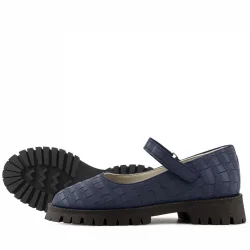 Rakerplus Hakiki Deri Lacivert Desenli Cırtlı Kalın Tabanlı Kız Çocuk Ayakkabısı