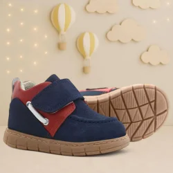 Rakerplus Hakiki Deri Lacivert Kırmızı Cırt Cırtlı Bebek Bot