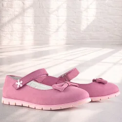 Rakerplus Hakiki Deri Pembe Fiyonklu Çiçek Detaylı Cırtlı Kız Çocuk Babet