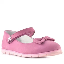 Rakerplus Hakiki Deri Pembe Fiyonklu Çiçek Detaylı Cırtlı Kız Çocuk Babet