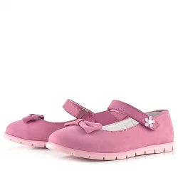 Rakerplus Hakiki Deri Pembe Fiyonklu Çiçek Detaylı Cırtlı Kız Çocuk Babet