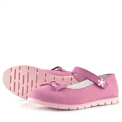 Rakerplus Hakiki Deri Pembe Fiyonklu Çiçek Detaylı Cırtlı Kız Çocuk Babet