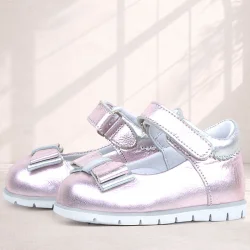 Rakerplus Hakiki Deri Pembe Gümüş Kız Bebek Babet Ayakkabı