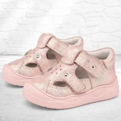 Rakerplus Hakiki Deri Pembe Simli Cırt Cırtlı Bebek Sandalet