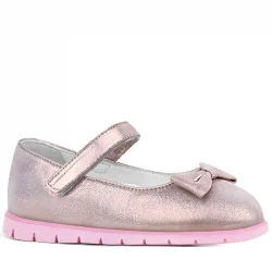 Rakerplus Hakiki Deri Pembe Simli Fiyonklu Cırtlı Kız Çocuk Babet Ayakkabı