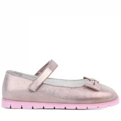 Rakerplus Hakiki Deri Pembe Simli Fiyonklu Cırtlı Kız Çocuk Babet Ayakkabı