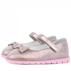 Rakerplus Hakiki Deri Pembe Simli Fiyonklu Cırtlı Kız Çocuk Babet Ayakkabı