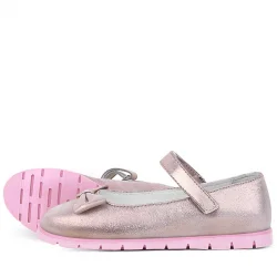 Rakerplus Hakiki Deri Pembe Simli Fiyonklu Cırtlı Kız Çocuk Babet Ayakkabı