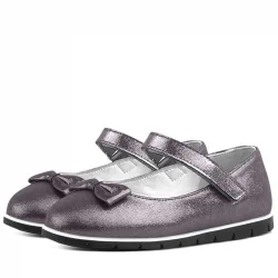 Rakerplus Hakiki Deri Platin Gri Cırtlı Kız Çocuk Babet Ayakkabı