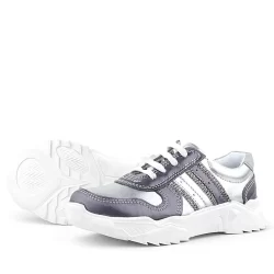Rakerplus Hakiki Deri Platin Pembe Parlak Taşlı Kız Çocuk Sneakers Ayakkabı