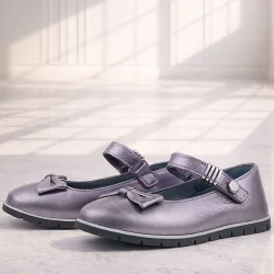 Rakerplus Hakiki Deri Platin Toka Detaylı Cırtlı Kız Çocuk Babet Ayakkabı