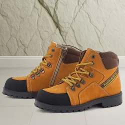 Rakerplus Hakiki Deri Sarı Kahve Bağcıklı Fermuarlı Çocuk Bot