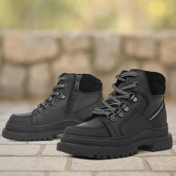 Rakerplus Hakiki Deri Siyah Cilt Fermuarlı Bağcıklı Çocuk Bot