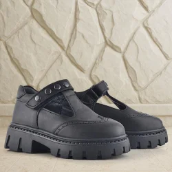 Rakerplus Hakiki Deri Siyah Cırtlı Metal Detaylı Kız Çocuk Günlük Ayakkabı