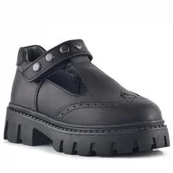 Rakerplus Hakiki Deri Siyah Cırtlı Metal Detaylı Kız Çocuk Günlük Ayakkabı