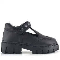 Rakerplus Hakiki Deri Siyah Cırtlı Metal Detaylı Kız Çocuk Günlük Ayakkabı