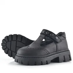 Rakerplus Hakiki Deri Siyah Cırtlı Metal Detaylı Kız Çocuk Günlük Ayakkabı