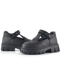 Rakerplus Hakiki Deri Siyah Cırtlı Metal Detaylı Kız Çocuk Günlük Ayakkabı