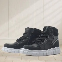 Rakerplus Hakiki Deri Siyah Gri Fermuarlı Erkek Çocuk Bot