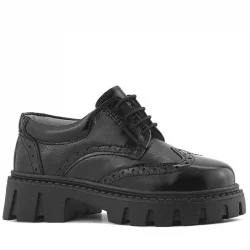 Rakerplus Hakiki Deri Siyah Kırışık Rugan Oxford Çocuk Günlük Ayakkabı