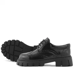 Rakerplus Hakiki Deri Siyah Kırışık Rugan Oxford Çocuk Günlük Ayakkabı