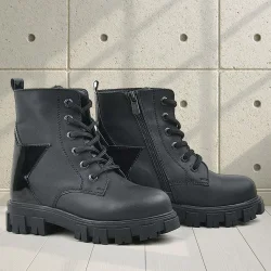 Rakerplus Hakiki Deri Siyah Yıldız Detaylı Kız Çocuk Bot