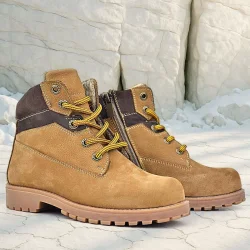 Rakerplus Hakiki Deri Taba Kahverengi Bağcıklı Fermuarlı Kışlık Çocuk Bot