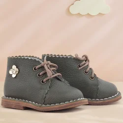 Rakerplus Handmade Hakiki Deri Haki Yeşil Çiçekli Bağcıklı Bebek Bot